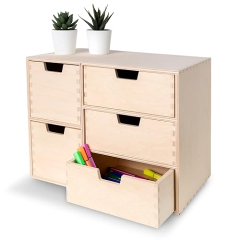 Creative Deco Schubladenbox Schubladenelement | 5 Schubladen | 36 x 20 x 28,5 cm (+/- 1 cm) | Mini-Kommode für Kleinigkeiten aus Birken-Sperrholz | Ordnungssystem für Lagerung, Decoupage & Dekoration