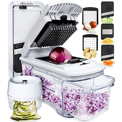 Gemüseschneider Mandoline Gemüsehobel - Gemüse Schneider Gurkenhobel Zwiebelschneider Kartoffelschneider Obstschneider - Reibe für Gemüse und Käse - Julienneschneider (Alles-in-1 Weiß)