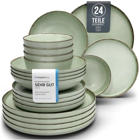 Steingut Geschirrset 6 Pers. Rustic 24-tlg Hochwertiges Landhausstil TEST SEHR GUT Steingut Geschirr Set - Schüssel- und Teller Set - Tafelservice 6 Personen Geschirrsets Pure Living in Mintgrün