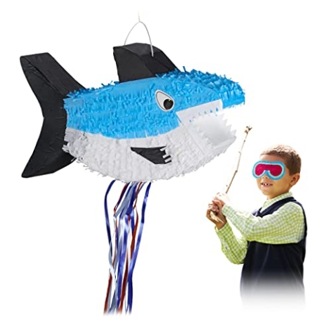 Relaxdays 4 x Hai Pinata, zum Aufhängen, für Kinder, Mädchen & Jungs, Geburtstag, zum selbst Befüllen, Piñata, blau