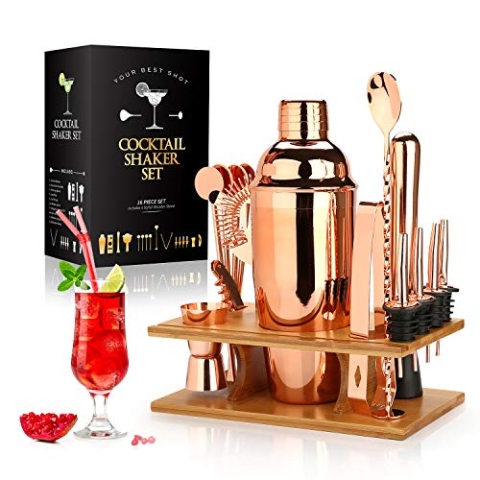 Sovyime Cocktail Set Cocktail Shaker 750ml Barkeeper Set, 16-teiliges Edelstahl Bar Cocktail Zubehör mit Holzständer, Perfektes Zuhause Küche Geschenk für Männer Frauen