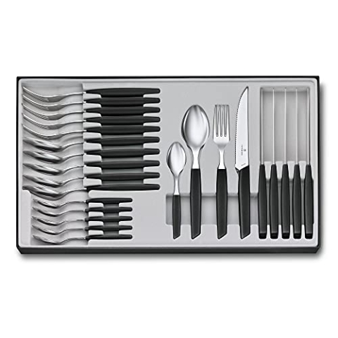 VICTORINOX Swiss Modern Besteck-Set für 6 Personen, 24-teilig, Inkl. Scharfe Steakmesser mit Wellenschliff, Kunststoffgriffe, Schwarz