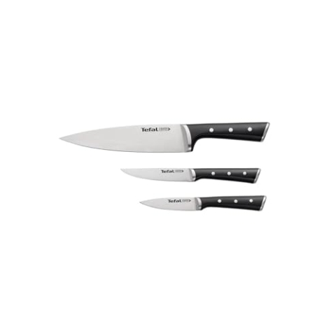 Tefal Ice Force 3-teiliges Messerset, Schälmesser 9cm, Chef-Messer 20cm, Universalmesser 11cm, deutscher Edelstahl, ergonomischer Griff, lang anhaltende Schneideleistung und Schärfe, schwarz, K2323S