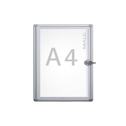 MAUL Schaukasten A4 MAULextraslim | Schaukasten Vitrine mit 1x DIN A4 Seiten | Infotafel mit Aluminiumrahmen und Glastür | Platzsparende flache Bauweise | Abschließbar mit Schloss | Aluminium
