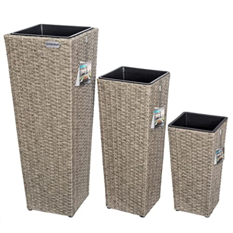 Casaria® Blumentopf 3er Set Polyrattangeflecht Übertopf Wasserabfluss Rattanoptik Outdoor Pflanzkübel Blumenkasten Creme