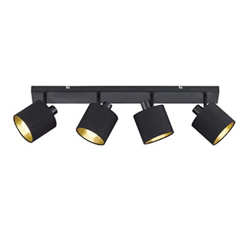 Reality Leuchten Tommy R80334079 Spotbalken, Metall Schwarz Matt, Stoffschirm Goldfarbig