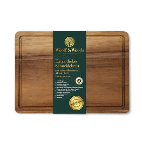 Woolf & Woods | Schneidebrett Holz gross | extra dick | reines Naturprodukt aus Akazie | nachhaltig | unbehandelt | Küchenbrett & Servierplatte | 35cm x 25cm x 3cm