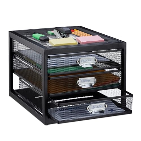 Relaxdays Schubladenbox, 3 Schubfächer, für Din A4 Dokumente, Ordnungssystem für Schreibtisch, Aktenablage, schwarz, HBT: 23 x 27,5 x 35 cm