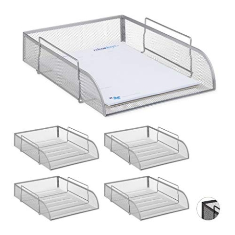 5 x stapelbare Dokumentenablage, Büro Briefablage aus Metall für DIN A4, Schreibtischablage BxT 26x33,5 cm, Silber