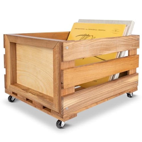Creative Deco Vinyl Box zur Aufbewahrung bis zu 80 Schallplatten | Regal Holzbox mit Rädern 46x36x29 cm (+/- 1cm) | Schallplattenkiste Holz | LP Kiste für Obst, Gemüse, Wein, Spielzeugkiste