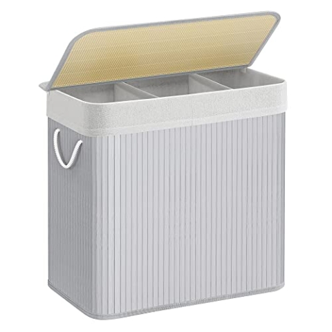 SONGMICS Wäschekorb 3 Fächer, 150 L Wäschesammler mit Deckel, Wäschebox Bambus, mit Griffen, faltbar, Wäschesack herausnehmbar maschinenwaschbar, Waschküche, grau LCB091G01