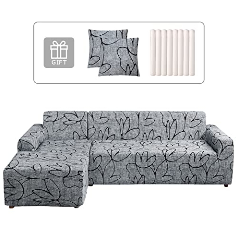 Lydevo Sofabezug Ecksofa L Form Sofa Überwürfe Stretch Sofabezug L Form Rechts oder Links mit Zwei Kissenbezügen Waschbar Universal-Couchbezug L Form Sofa Cover L Shape(3 Sitzer+4 Sitzer,Graue Blume)