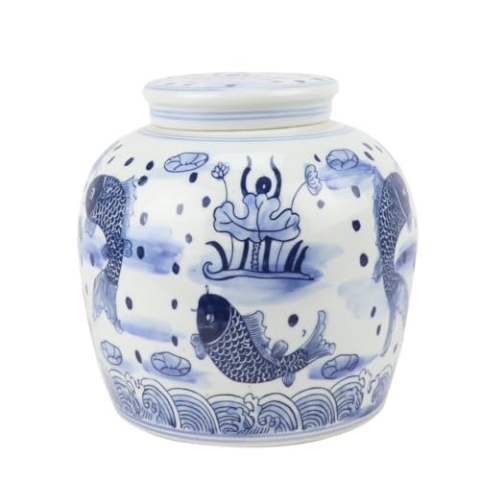 Fine Asianliving Chinesischer Vase mit Deckel Porzellan Blau Weiß Koi Fisch Handgemalt D23xH23cm China Dekorative Blumenvase Orientalische