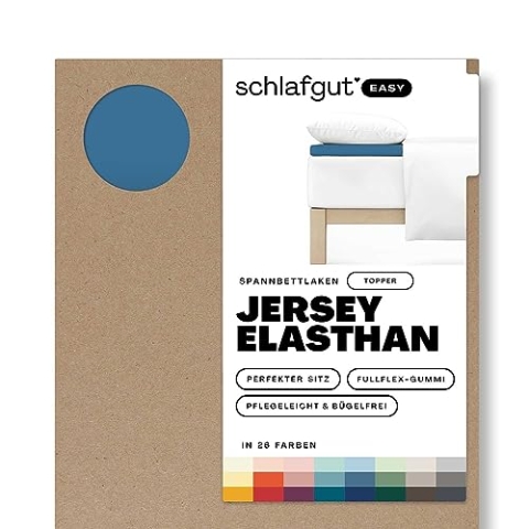 Schlafgut Easy Jersey Elasthan Topper Spannbettlaken 120x200 bis 130x220 Blue Mid, Spannbetttuch aus superweicher Baumwolle mit Elasthan