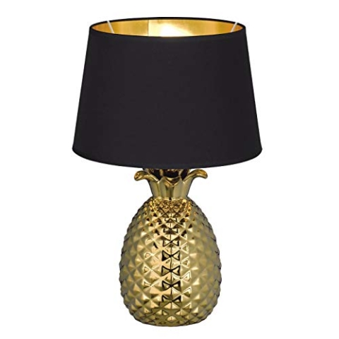 Reality Leuchten Pineapple R50431079 Tischleuchte, Keramik, Stoffschirm Schwarz/Gold, Höhe 43cm
