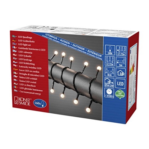 Konstsmide 3695-107 LED Globelichterkette mit kleinen runden Dioden / für Außen (IP44) / VDE geprüft / 24V Außentrafo / 160 warm weiße Dioden / schwarzes Kabel, Warmweiß
