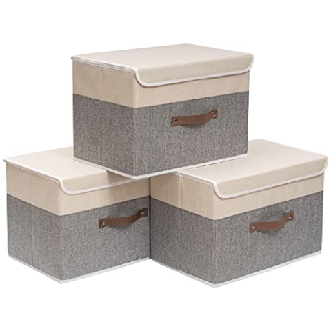 OUTBROS Aufbewahrungskörbe mit Deckel, 45 x 30 x 30 cm,3 Stück regalkörbe, Aufbewahrungsboxe, Stoffboxen Aufbewahrung für Kleidung,beige/grau ST02BGL3