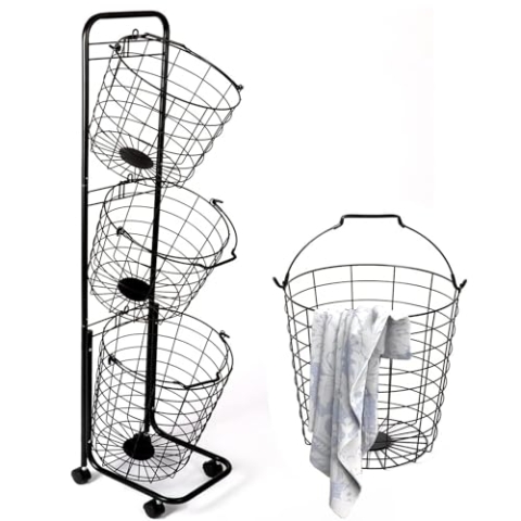 Wäschekorb auf Rollen 3 Fächer Große Wäschesammler 126 x 36 x 33 cm Metall Fahrbar Wäschekorb mit Griffen Wäschesammler Wäschewagen Platzsparend für Badezimmer, Waschküche