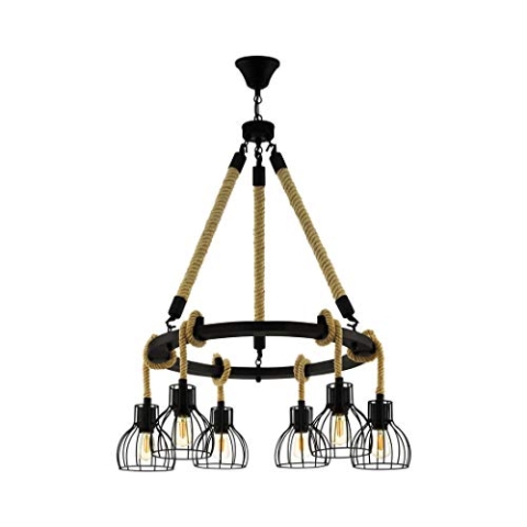 EGLO Pendellampe Rampside, 6 flammige Vintage Pendelleuchte im Industrial Design, Hängelampe aus Stahl und Holz, Farbe: Schwarz, braun, Fassung: E27