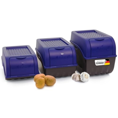 Novaliv Kartoffel Aufbewahrungsboxen Set | 3,5L + 5L + 9L | Marine BLAU | Kartoffelboxen | Gemüseboxen stapelbar Zwiebelboxen Kartoffelkörbe Obstbehälter Kartoffelkisten Frischhaltedosen