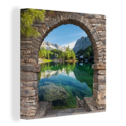 MuchoWow Leinwand Bilder Leinwandbilder Fensterblick Strand und Meer, wunderschöne Bilder mit Rahmen, Deko Wohnzimmer, Wanddeko Urlaub 90x90