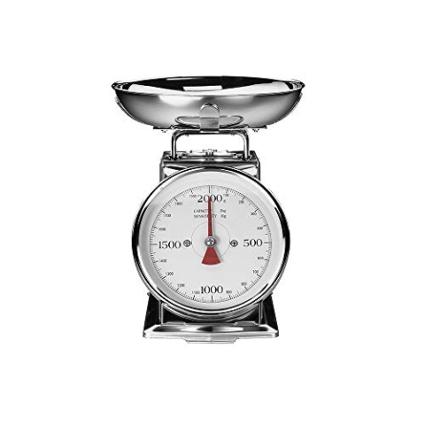 GASTROBACK 30102 Classic Waage, 2 kg mit Tara-Funktion, Küchenwaage, analog, mit Wiegeschale, poliert, Edelstahl Silber