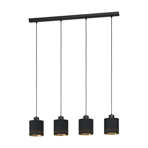 EGLO Pendelleuchte Esteperra, 4 flammige Hängelampe Vintage, Retro, Hängeleuchte aus Stahl und Textil in Schwarz, Gold, Esstischlampe, Wohnzimmerlampe hängend mit E27 Fassung, L 94 cm