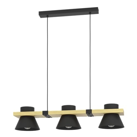 EGLO Hängelampe Maccles, 3-flammige Pendelleuchte über Esstisch, FSC100HB, Esszimmerlampe aus Holz und Metall in Schwarz, Hängeleuchte mit E27 Fassung, 78 cm