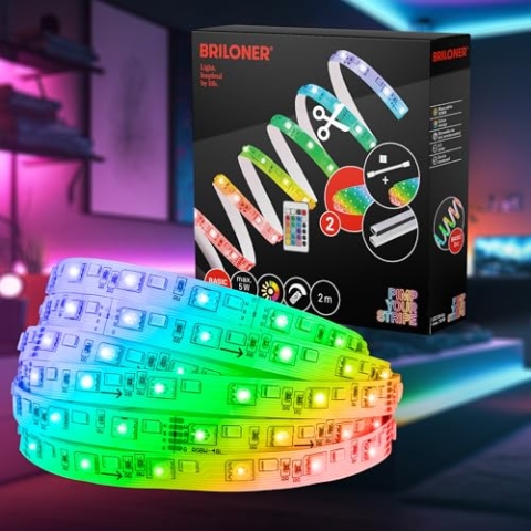 BRILONER – LED Stripe Starter Set 2m LED Strip mit Fernbedienung, 3m Zuleitung, buntes RGBW, Kürzbar, Selbstklebend, Streifen, Lichtleiste, Zimmer Deko, Gaming Deko, Lichtband