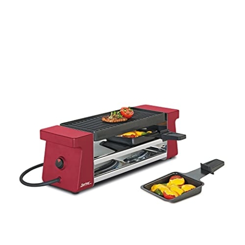 Spring Raclette 2 Personen COMPACT, rot, Tischgrill elektrisch, Antihaftbeschichtete Alu-Grillplatte, 2 Raclette Pfännchen & Spatel, Abstellebene, 34,5×10,5×11,5 cm, 400W, Raclette Grill