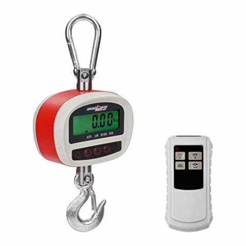 Steinberg Systems SBS-KW-300KC Kranwaage Hängewaage Zugwaage Digital mit Fernbedienung (300 kg / 50 g, LCD Display, inkl. Sicherheitshaken, Karabinerhaken, 6 Batterien) Rot-Weiß