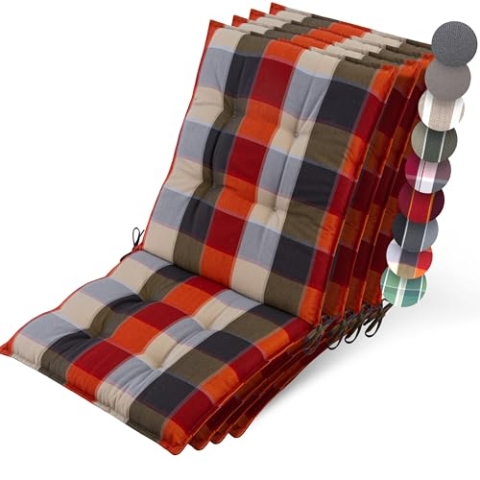 Beautissu 4er Set Premium Niedriglehner Auflage Gartenstuhl 100x50cm Sun-NL – 8cm Dick Polster Gartenstuhlauflage rutschfest Befestigungsbänder UV-Lichtechtheit 5 – Robust Orange-Beige kariert
