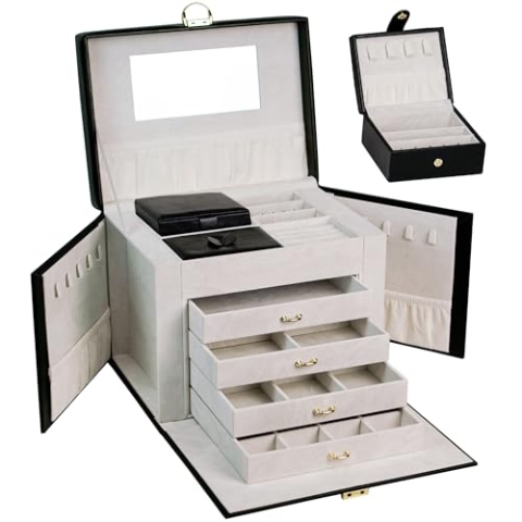 AdelDream Schmuckkasten Schmuckkoffer groß abschließbar 5 Ebenen mit 5 Schubladen mit Spiegel für Ringe Ohrringe Halsketten und Armbänder elegant und klassisch Schwarz