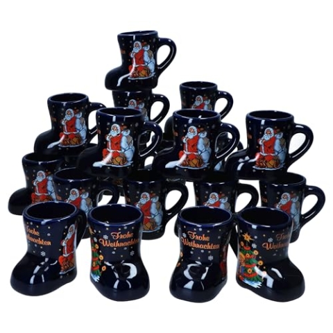 MamboCat 20er Set Glühweinstiefel dunkelblau mit Henkel I 200ml geeicht I Glühweinbecher mit Weihnachtsdekor & Schriftzug für 20 Personen I Keramik-Tasse für Tee, Eierlikör, Feuerzangenbowle