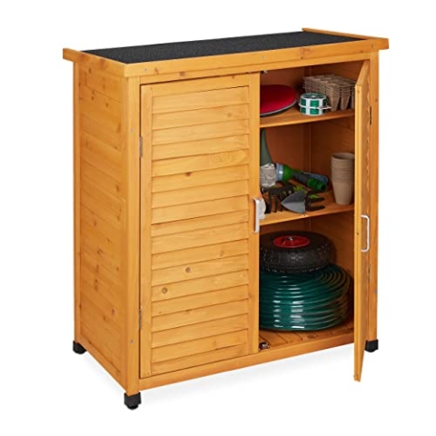 Relaxdays Gartenschrank, 3 Fächer, Flachdach mit Neigung, Doppeltür, HBT: 97 x 86,5 x 47 cm, Werkzeugschrank Holz, Natur
