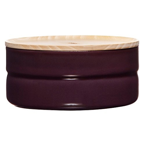 Riess, 2173-201, Vorratsdose mit Eschenholzdeckel, Durchmesser 13 cm, Höhe 6 cm, Inhalt 615 ml, DARK AUBERGINE, KITCHEN-MANAGEMENT, Truehomeware, Emaille