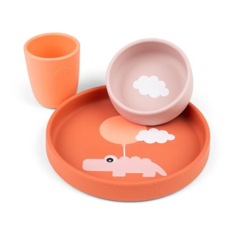 Done by Deer Silikon Geschirr-Set Happy clouds Papaya - Kinderteller Ø18, Schüssel Ø10 und Trinkbecher aus 100% Silikon in Lebensmittelqualität