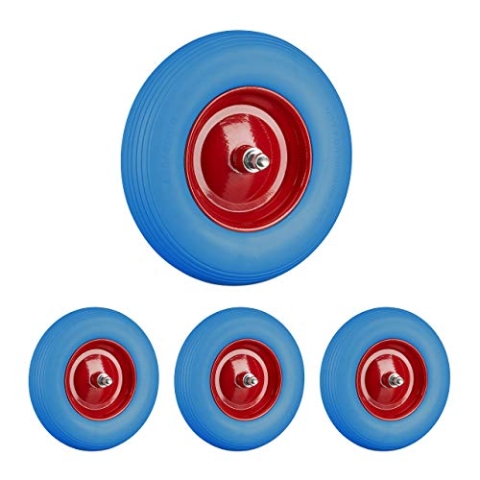 Relaxdays 4 x Schubkarrenrad Vollgummi mit Achse, 4.80 4.00-8 Gummirad, pannensicher, 100kg Tragkraft Ersatzrad, blau-rot