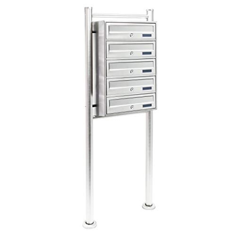Wiltec 5er Briefkastenanlage Edelstahl 513 x 270 x 1500 mm, Standbriefkasten mit 5 Fächern, Schlüssel und Namensschild, Briefkasten Postkasten mit Ständer