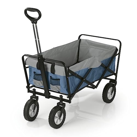 EASYmaxx Bollerwagen | Handwagen | Transportkarre | bis 80 kg Tragkraft | Faltbar | Modernes Design | Robuster Nylonbezug | 360°-Drehgelenke an den Vorderrädern | Mit Abdeckhaube [Blau-Grau]