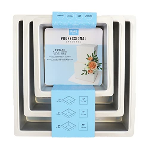 PME - Quadratische Kuchenformen 15, 20, 25 cm x 7,5 cm tief, 3er -Satz, Silber