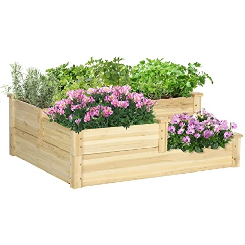 Outsunny Hochbeet, 3-stufige Pflanzenbeet, Blumenkasten, Kräuterbeet, Pflanzentreppe, Blumentreppe für Balkon, Garten, Tannenholz, Natur, 108 x 88 x 36 cm
