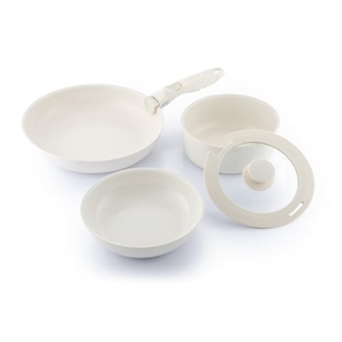 InnovaGoods - 5-teiliges Antihaft Bratpfannen-Set mit abnehmbarem Griff, stapelbares Design, gleichmäßige Wärmeverteilung, für alle Herdarten inkl. Induktion, leicht zu reinigen, Aluminium, Beige
