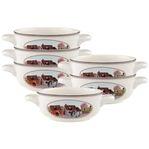 Villeroy & Boch Design Naif Suppentassen 6er Set, 450 ml, Suppenschalen mit Henkeln und Landschafts-Motiv, Premium Porzellan, Bunt