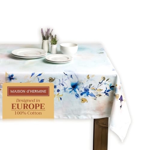 Maison d' Hermine Tischdecke, 100% Baumwolle, dekorative, waschbare, quadratische Ostertischdecke für Küche, Essen, Buffetpartys und Camping, Lazy Summer Days – Frühling/Sommer (160cm x 220cm)