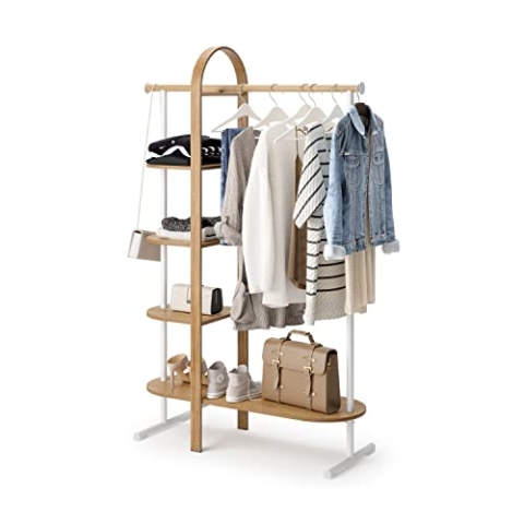 Umbra Bellwood Kleiderständer, Freihstender Kleiderschrank mit Kleiderstange und Ablagefächer, Holz, Wit/Naturel, One Size