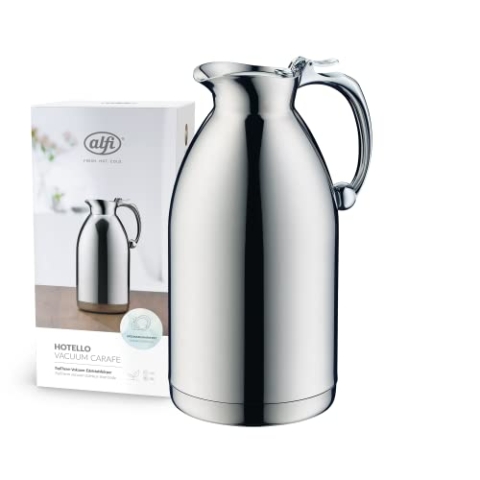 alfi HOTELLO 1,5l, Isolierkanne aus doppelwandigem Edelstahl, hält 4 Stunden warm, 6 Stunden kalt, locker aufliegender Deckel, mit einer Hand ausgießen, plastikfrei, spülmaschinenfest, für Gastronomie