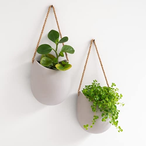 Kazai. Wandvasen -Ellie- | Hängende Keramik-Blumentöpfe 2-teilig | Wand-Deko für Zimmer, Balkon und Garten | Hellgrau (matt)