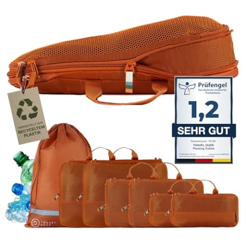 TRAVEL DUDE Packwürfel Set mit Kompression aus recycelten Plastikflaschen | Leichte Packing Cubes | Packtaschen Set für Rucksack & Koffer (Burnt Orange, 7-teiliges Set)