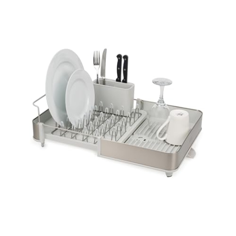 Joseph Joseph Extend Steel Erweiterbares Abtropfgestell mit Abnehmbarem Besteckhalter, schwenkbarem Abtropfstutzen, Geschirrständer, Edelstahl/Stein
